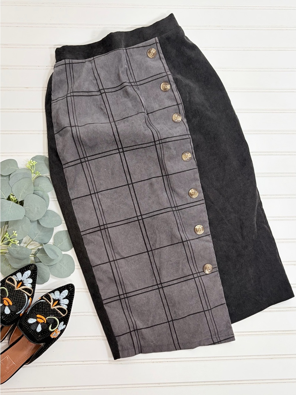 Pumpkin Window Pane Corduroy Faux Wrap Skirt